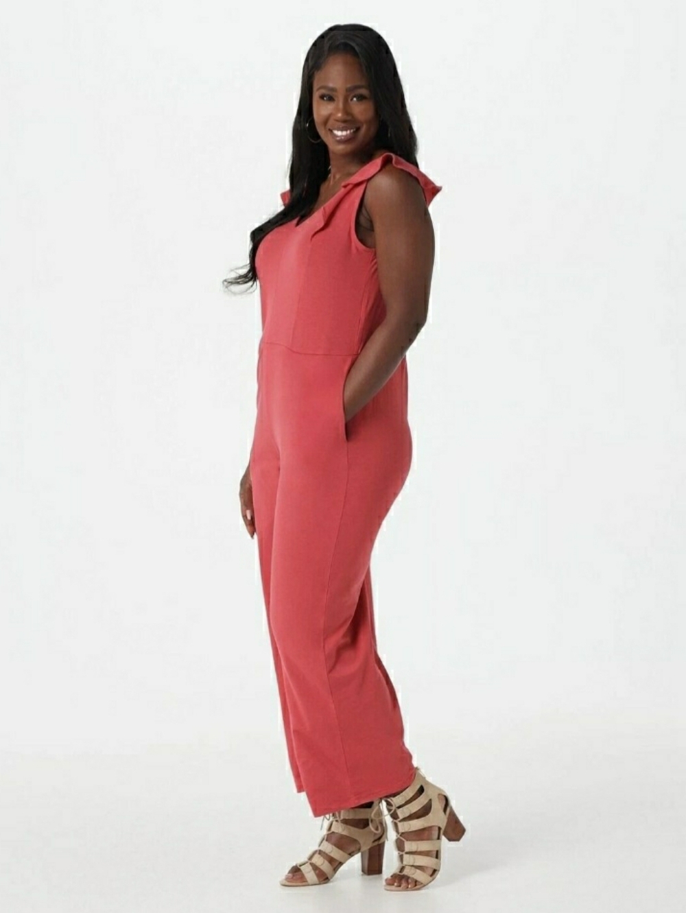 Any Body QVC Red Cotton Modal Wide-Leg Cropped Jumpsuit Ruffle Sleeves Sz Small